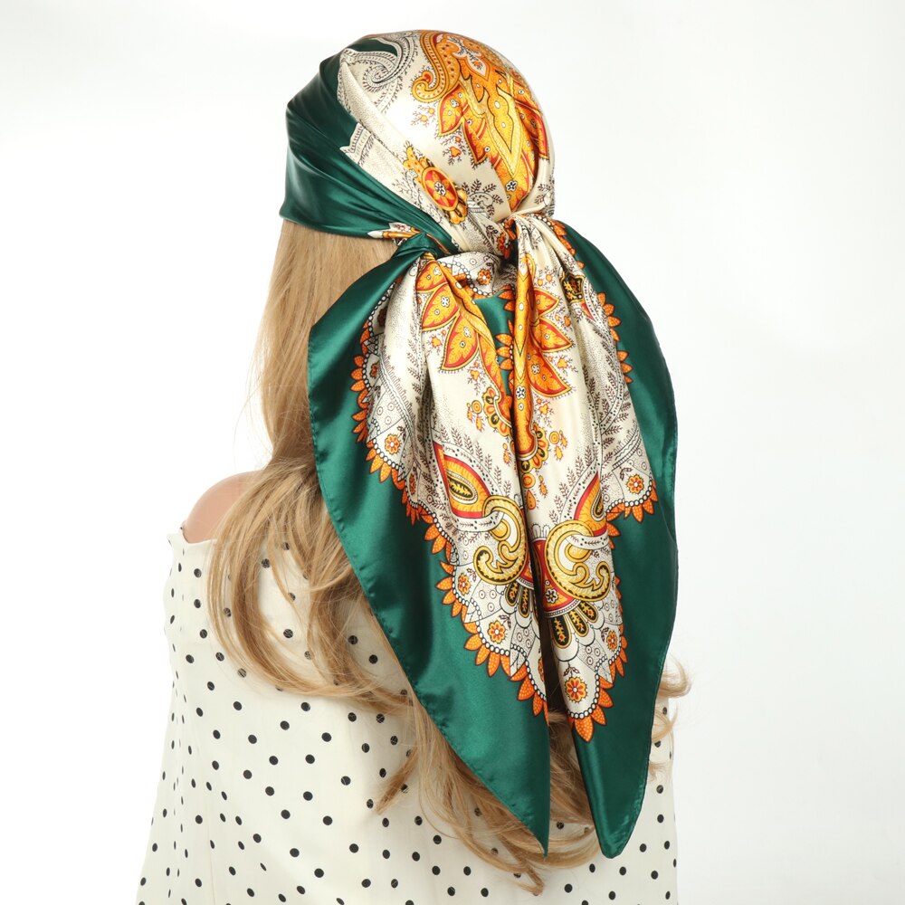 Solid Color Head Scarf Blcak Square 90*90 Silk Foulard Satin Bandana Cheveux Neckerchief Hijab Accessoires For Woman Hair Scarf