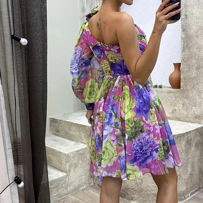 Sexy Female Hight Split Loose Hem One Shoulder Print Beach Party Dress Lady Side Split One Sleeve Long Dress Women Evening Dress