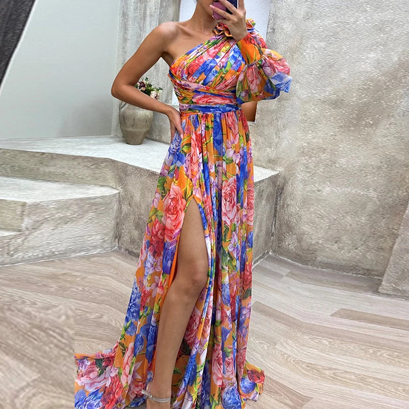 Sexy Female Hight Split Loose Hem One Shoulder Print Beach Party Dress Lady Side Split One Sleeve Long Dress Women Evening Dress