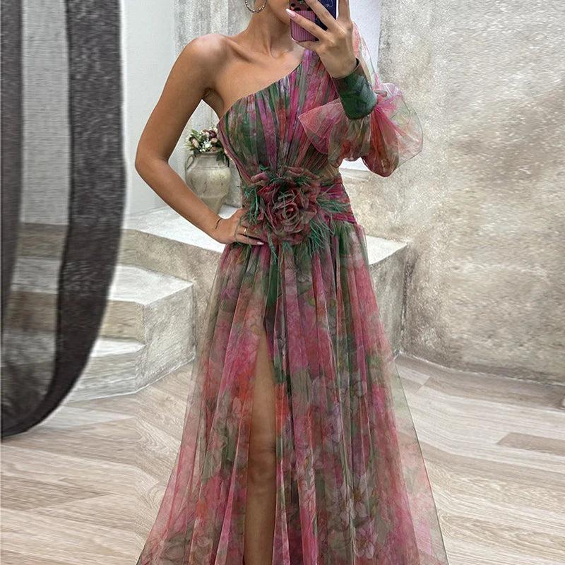 Sexy Female Hight Split Loose Hem One Shoulder Print Beach Party Dress Lady Side Split One Sleeve Long Dress Women Evening Dress