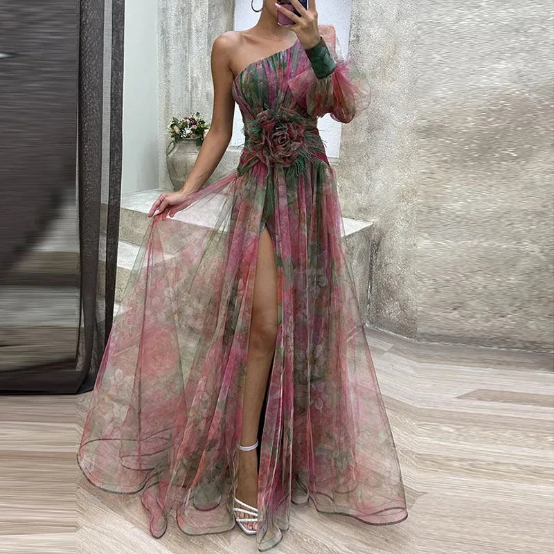 Sexy Female Hight Split Loose Hem One Shoulder Print Beach Party Dress Lady Side Split One Sleeve Long Dress Women Evening Dress