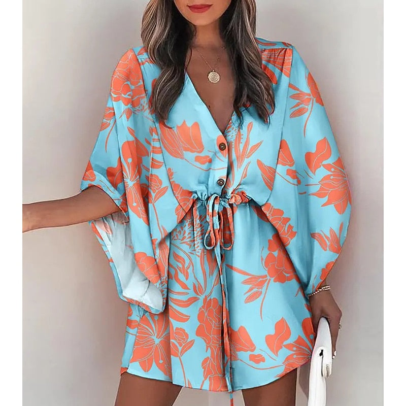 Summer Boho Mini Dress Women Flora Print Batwing Sleeve Lace-Up V Neck Loose Button Dresses Ladies Beach Party Dress Vestido