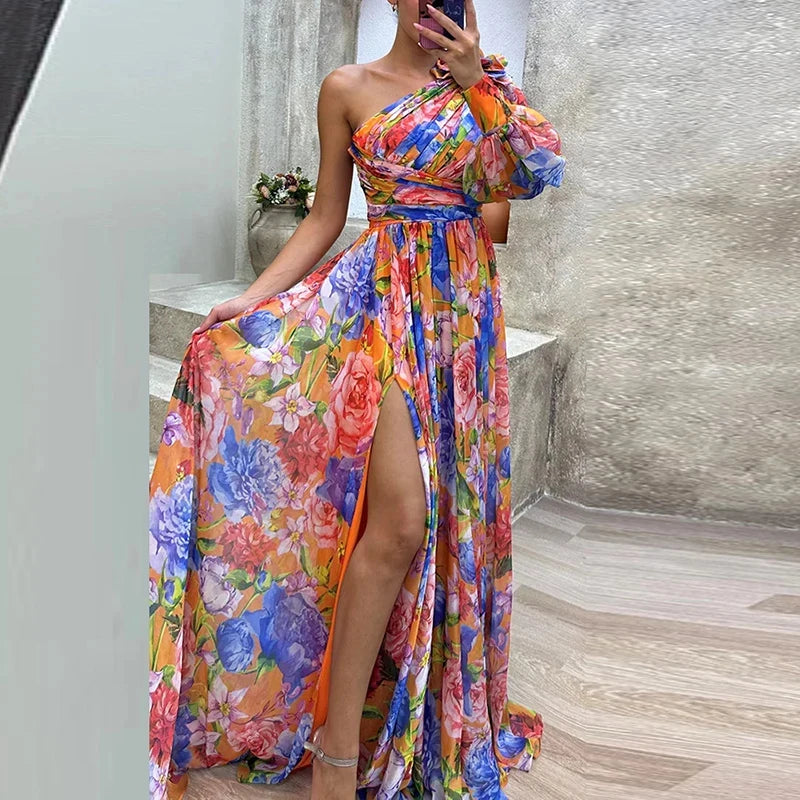 Sexy Female Hight Split Loose Hem One Shoulder Print Beach Party Dress Lady Side Split One Sleeve Long Dress Women Evening Dress