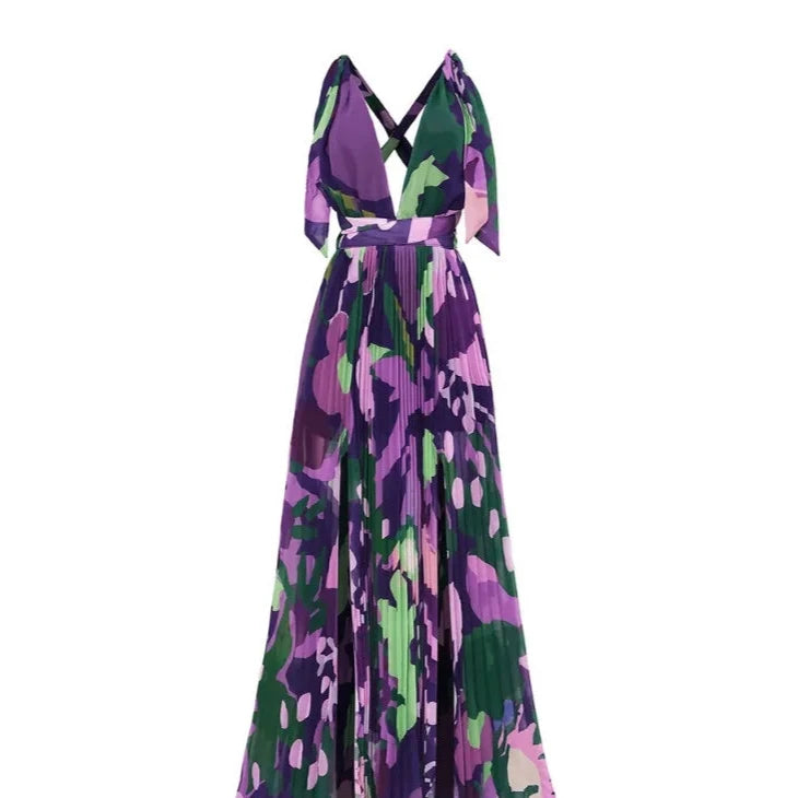 Summer Autumn Floral Print Pleated Slit Dress Women's Dress Women's Fashion Backless Sleeveless V-neck High Waist Dress