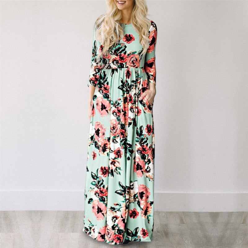 Summer Maxi Dress Women Pink Floral Print Boho Beach Dress Ladies Evening Party Long Dress Sundress Vestidos de festa 3XL