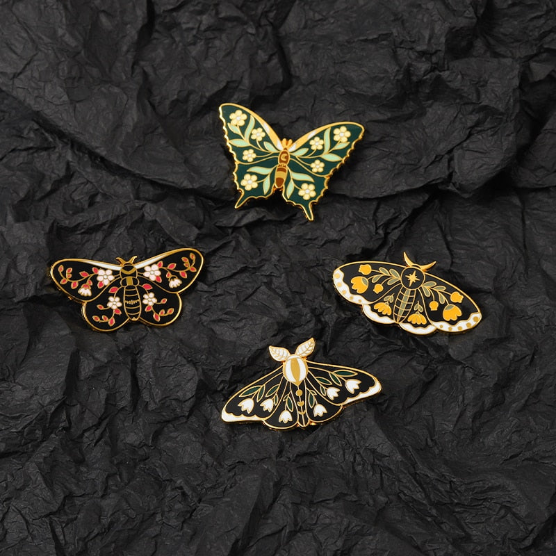 Butterflys Moth Hard Enamel Pins Custom Lily of the Valley Vine Brooches Lapel Badge Black Insect Plant Jewelry Gift for Friends