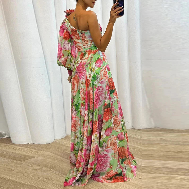 Sexy Female Hight Split Loose Hem One Shoulder Print Beach Party Dress Lady Side Split One Sleeve Long Dress Women Evening Dress