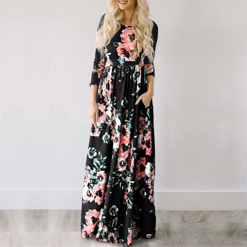 Summer Maxi Dress Women Pink Floral Print Boho Beach Dress Ladies Evening Party Long Dress Sundress Vestidos de festa 3XL