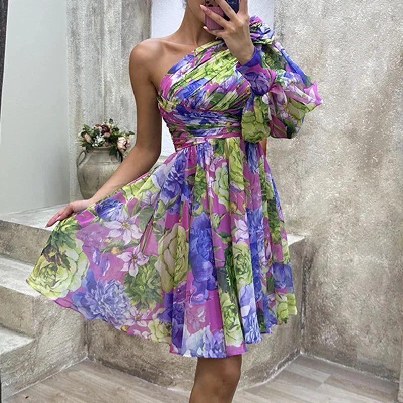 Sexy Female Hight Split Loose Hem One Shoulder Print Beach Party Dress Lady Side Split One Sleeve Long Dress Women Evening Dress