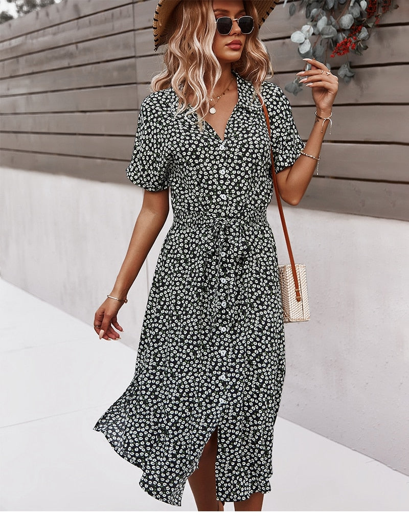 Women Floral Dress 2023 Summer Casual Short Sleeve Button Holiday Midi Dresses Female V-Neck Beach Boho Chic Dress Elegant Robe