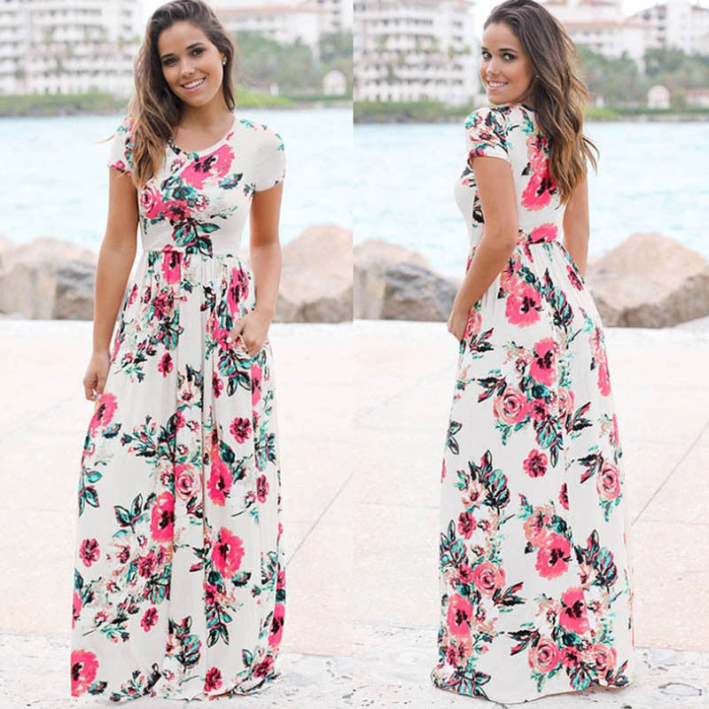 Summer Maxi Dress Women Pink Floral Print Boho Beach Dress Ladies Evening Party Long Dress Sundress Vestidos de festa 3XL