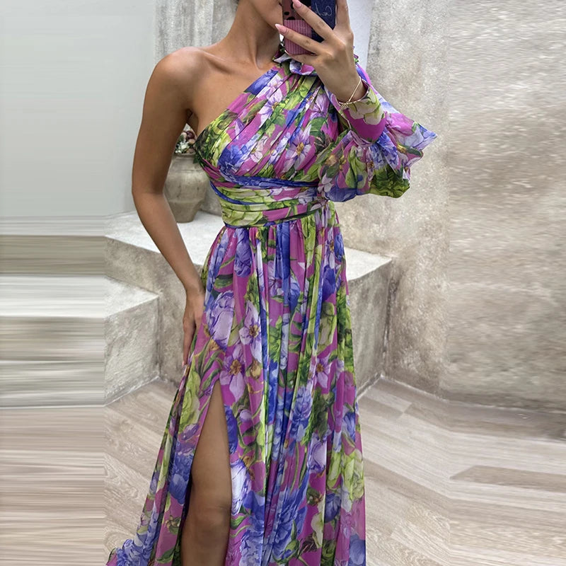 Sexy Female Hight Split Loose Hem One Shoulder Print Beach Party Dress Lady Side Split One Sleeve Long Dress Women Evening Dress