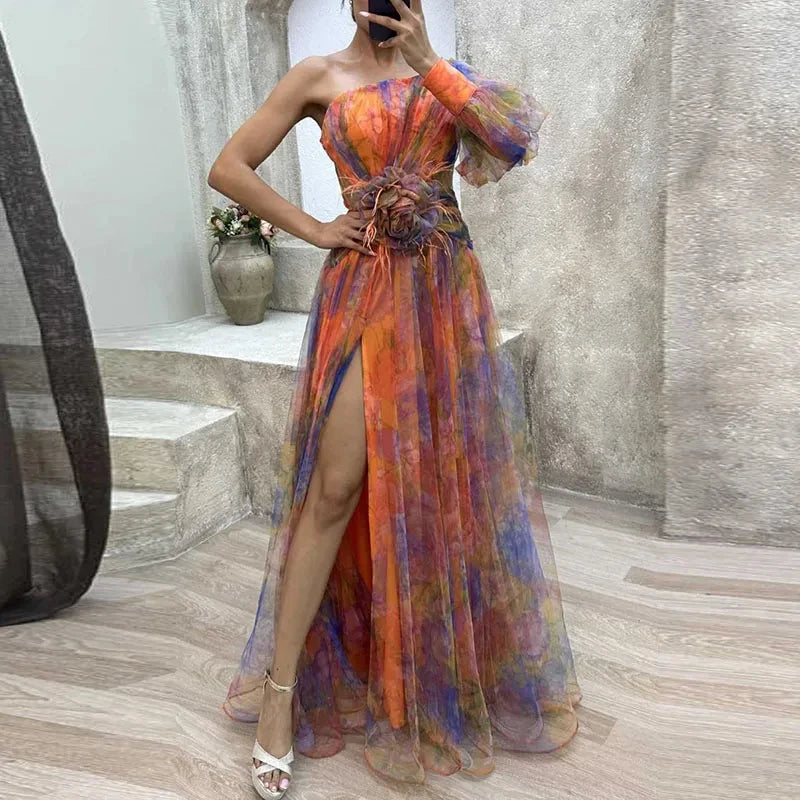 Sexy Female Hight Split Loose Hem One Shoulder Print Beach Party Dress Lady Side Split One Sleeve Long Dress Women Evening Dress