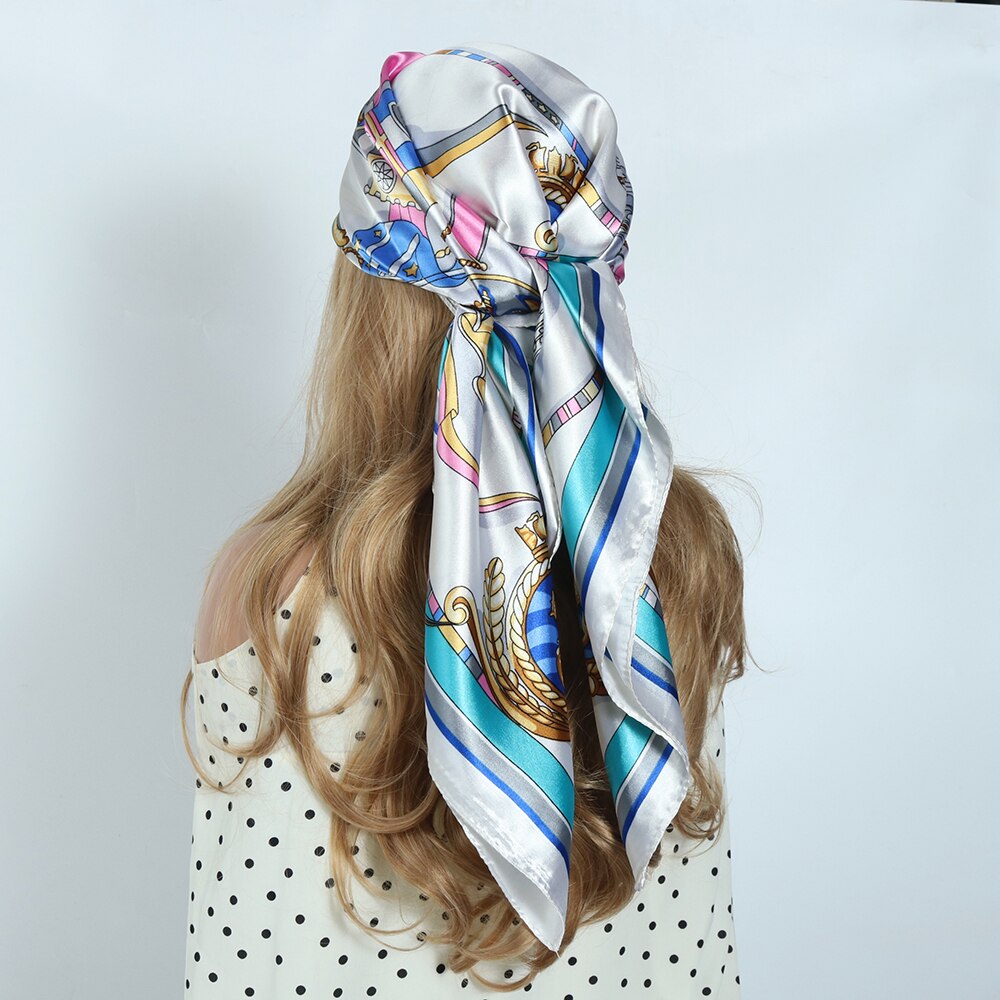 Solid Color Head Scarf Blcak Square 90*90 Silk Foulard Satin Bandana Cheveux Neckerchief Hijab Accessoires For Woman Hair Scarf