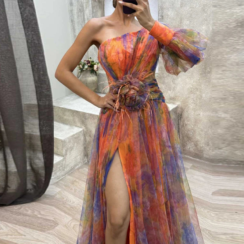 Sexy Female Hight Split Loose Hem One Shoulder Print Beach Party Dress Lady Side Split One Sleeve Long Dress Women Evening Dress