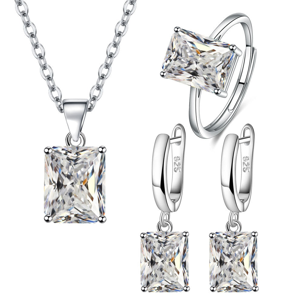 925 Sterling Silver Ring Earrings Necklace For Women Rectangle Geometry Zircon Wedding Elegant Jewelry Sets