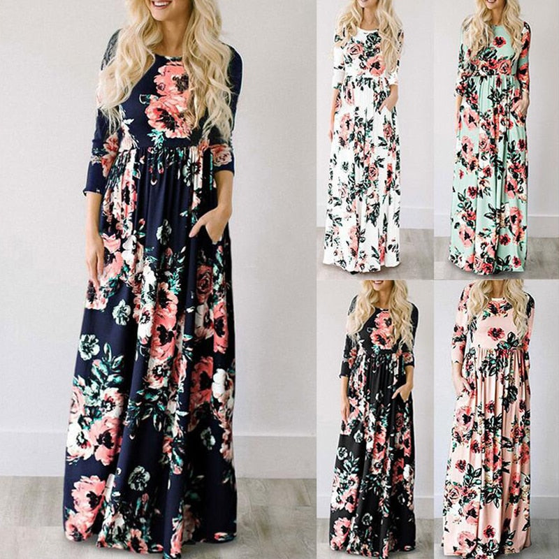 Summer Maxi Dress Women Pink Floral Print Boho Beach Dress Ladies Evening Party Long Dress Sundress Vestidos de festa 3XL