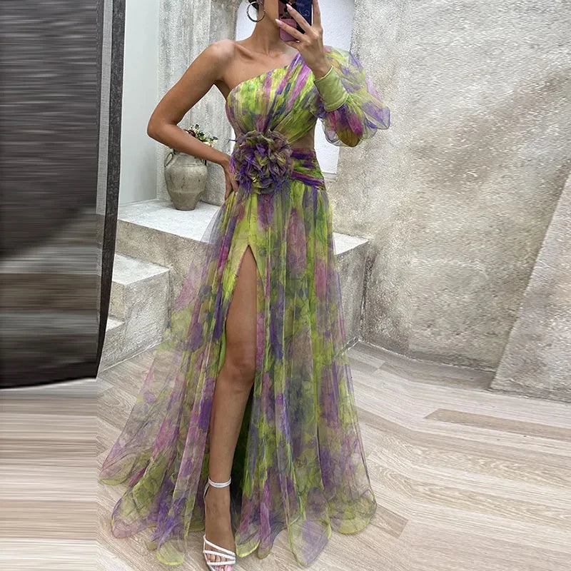 Sexy Female Hight Split Loose Hem One Shoulder Print Beach Party Dress Lady Side Split One Sleeve Long Dress Women Evening Dress