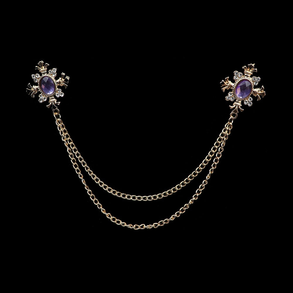 Fashion Gentleman Tassel Brooch For Men Suit Shirt Collar Crystal Cross Chain Lapel Pin Rhinestone Retro Wedding Accessories