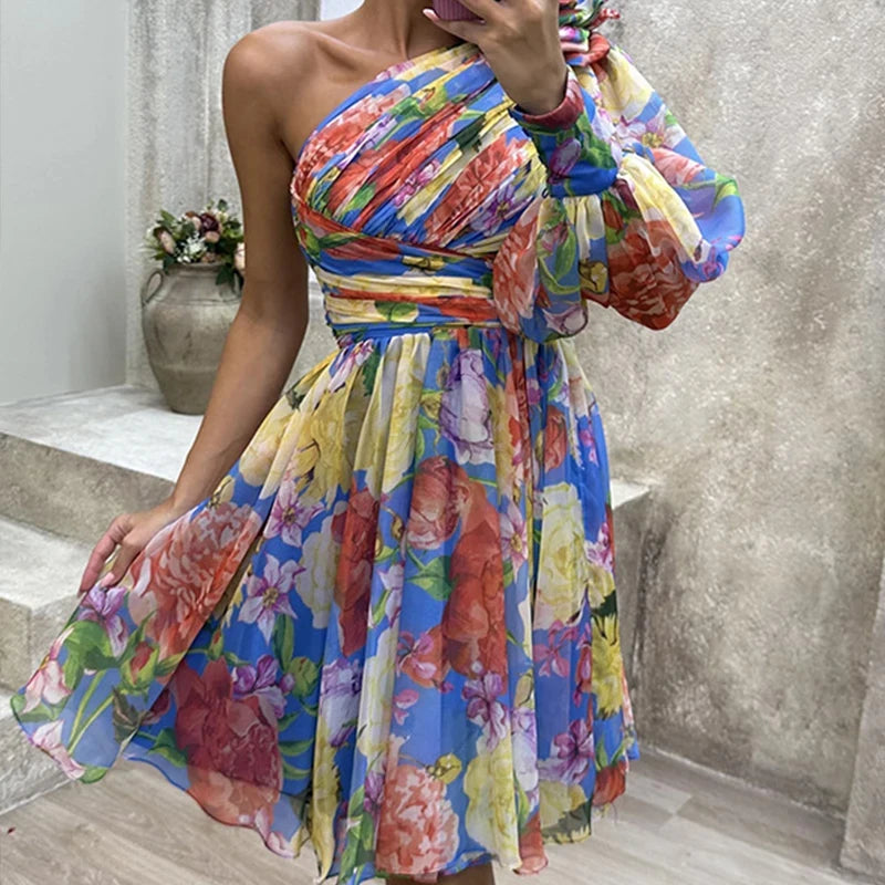 Sexy Female Hight Split Loose Hem One Shoulder Print Beach Party Dress Lady Side Split One Sleeve Long Dress Women Evening Dress