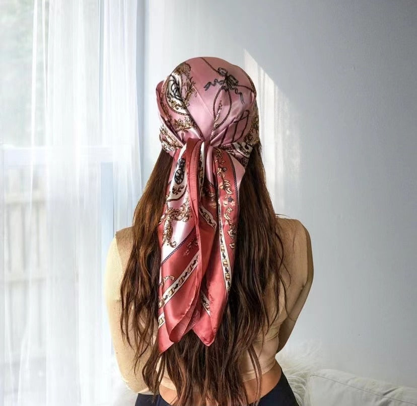 Solid Color Head Scarf Blcak Square 90*90 Silk Foulard Satin Bandana Cheveux Neckerchief Hijab Accessoires For Woman Hair Scarf