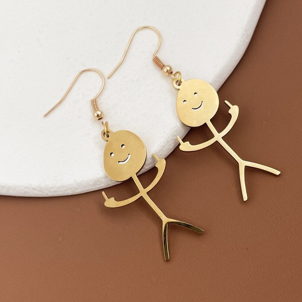 Steel Fuxk You Doodle Earrings For Woman Trend Punk Middle Finger Stickman Hip Hop Dangle Earrings Cool 2023 New Jewely