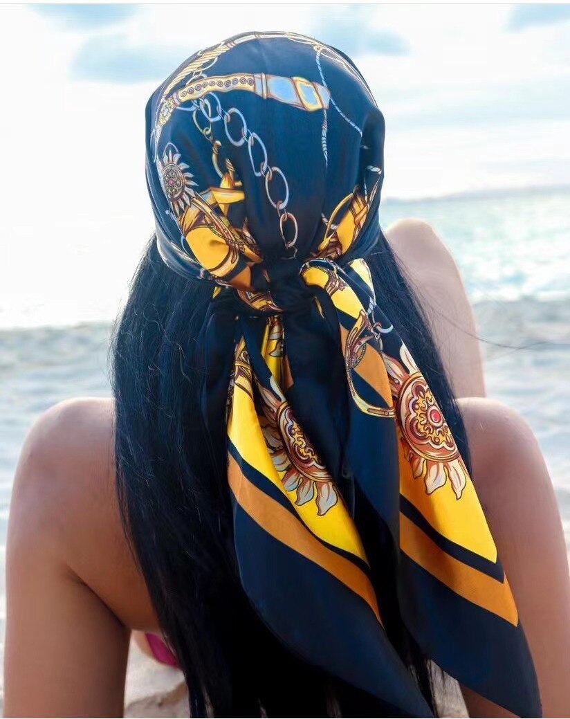 Solid Color Head Scarf Blcak Square 90*90 Silk Foulard Satin Bandana Cheveux Neckerchief Hijab Accessoires For Woman Hair Scarf