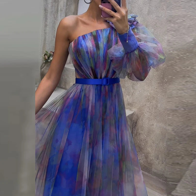 Sexy Female Hight Split Loose Hem One Shoulder Print Beach Party Dress Lady Side Split One Sleeve Long Dress Women Evening Dress