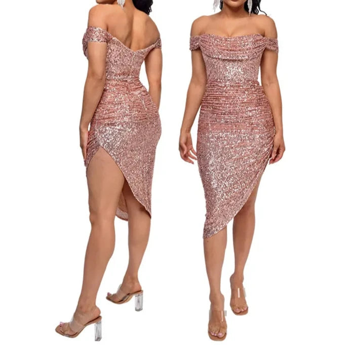 Plus Size Women Sexy Off Shoulder Sequin Bodycon Knee Length Dress Evening Summer 2024 Fashion Party Club Prom Dresses