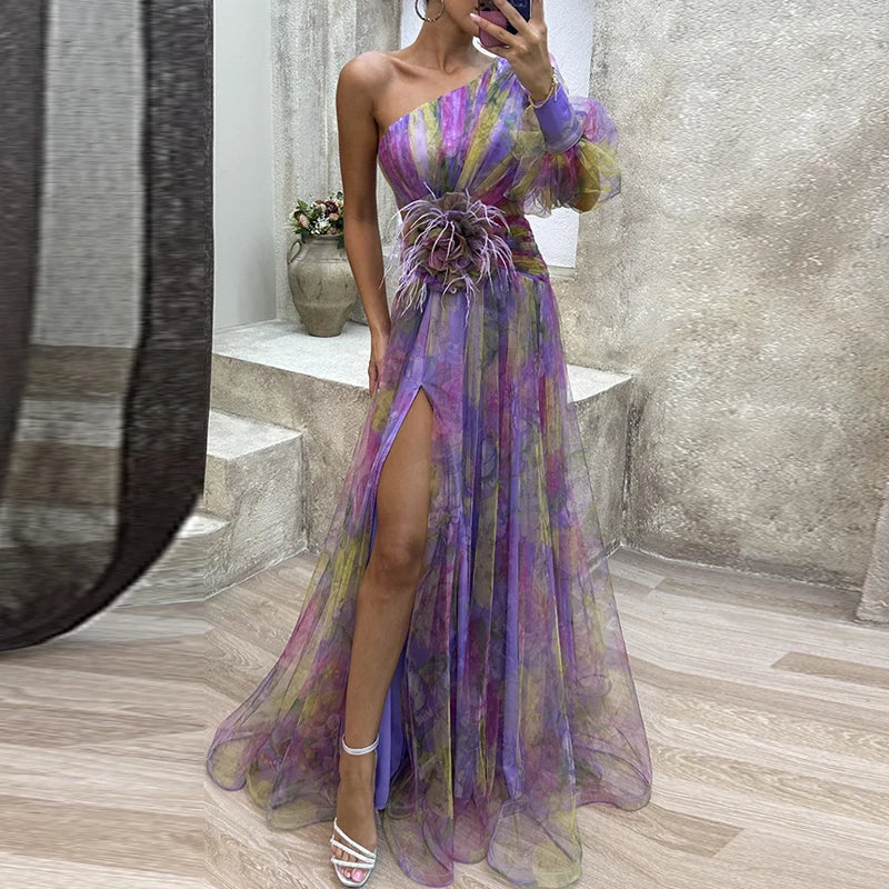 Sexy Female Hight Split Loose Hem One Shoulder Print Beach Party Dress Lady Side Split One Sleeve Long Dress Women Evening Dress