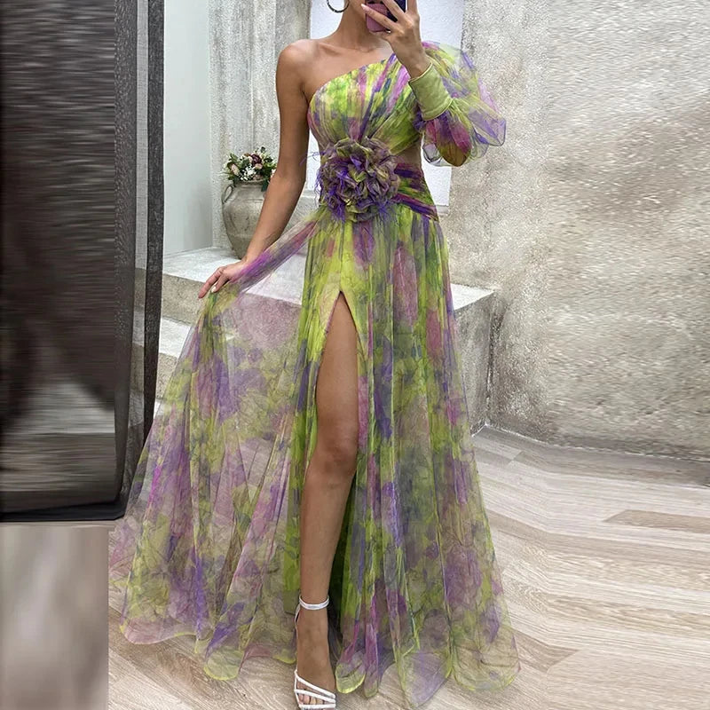 Sexy Female Hight Split Loose Hem One Shoulder Print Beach Party Dress Lady Side Split One Sleeve Long Dress Women Evening Dress