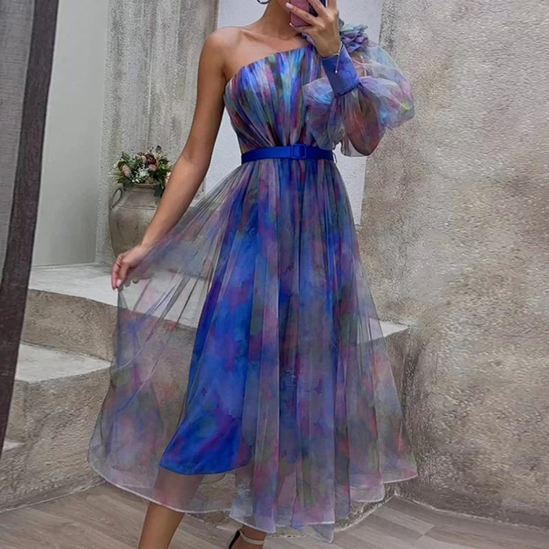 Sexy Female Hight Split Loose Hem One Shoulder Print Beach Party Dress Lady Side Split One Sleeve Long Dress Women Evening Dress