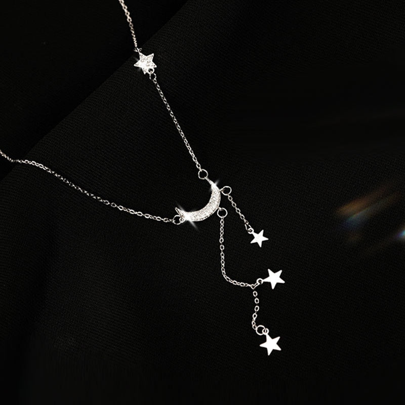 2023 Exquisite Bling Silver Color Tassel Star Moon Necklace For Women Clavicle Chain Woman Jewelry Birthday Gift Accessories