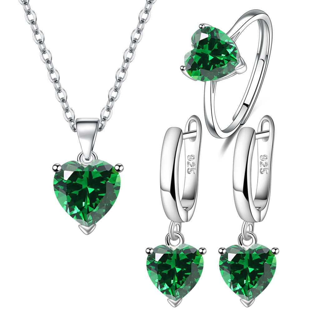 925 Sterling Silver Jewelry Sets For Women Heart Zircon Ring Earrings Necklace Wedding Bridal Elegant