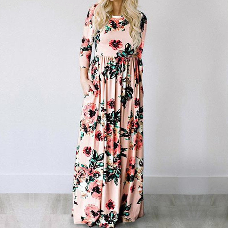 Summer Maxi Dress Women Pink Floral Print Boho Beach Dress Ladies Evening Party Long Dress Sundress Vestidos de festa 3XL