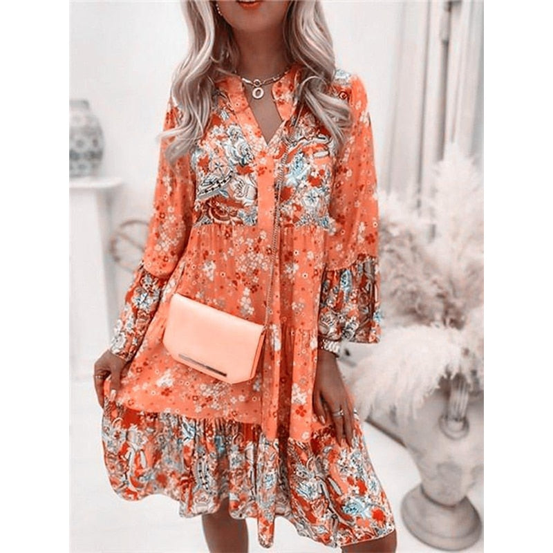 Summer Boho Mini Dress Women Flora Print Batwing Sleeve Lace-Up V Neck Loose Button Dresses Ladies Beach Party Dress Vestido