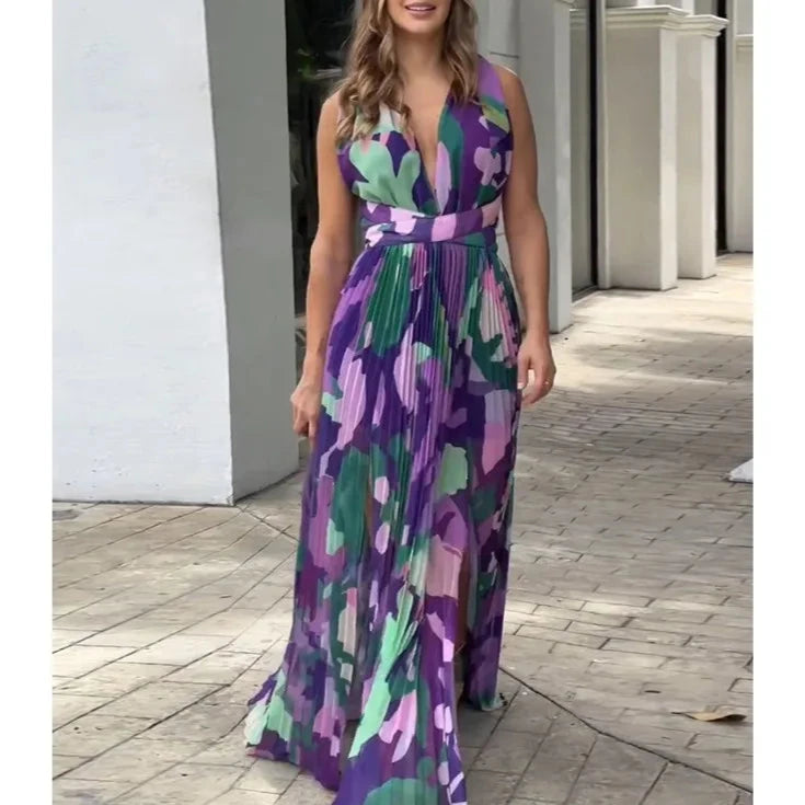 Summer Autumn Floral Print Pleated Slit Dress Women's Dress Women's Fashion Backless Sleeveless V-neck High Waist Dress