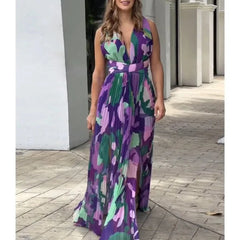 Summer Autumn Floral Print Pleated Slit Dress Women's Dress Women's Fashion Backless Sleeveless V-neck High Waist Dress