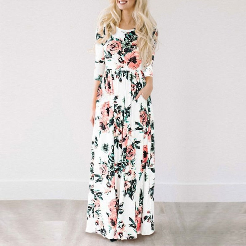 Summer Maxi Dress Women Pink Floral Print Boho Beach Dress Ladies Evening Party Long Dress Sundress Vestidos de festa 3XL